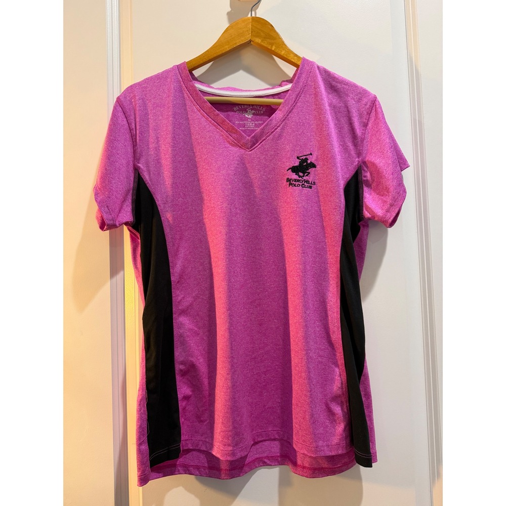 Beverly Hills Polo Club Womens XL Pink V-Neck Activewear T-Shirt Side Contrast